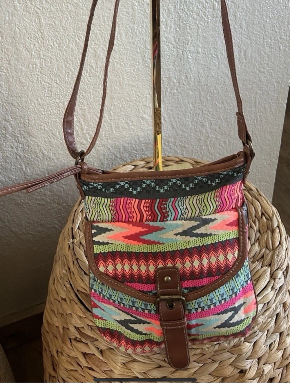Boho Neon Tribal Canvas Crossbody Bag Aztec Southwestern Festival Purse Small